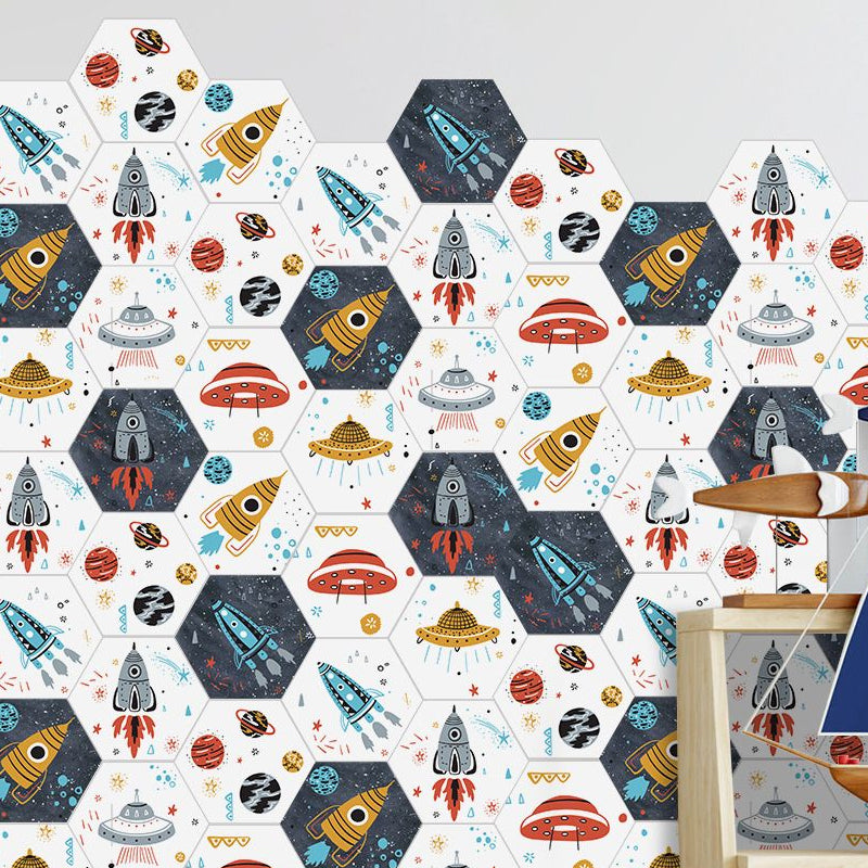 Novelty Kids Wallpaper Panel Set with Rocket and UFO Pattern Yellow Self Sticking Wall Covering