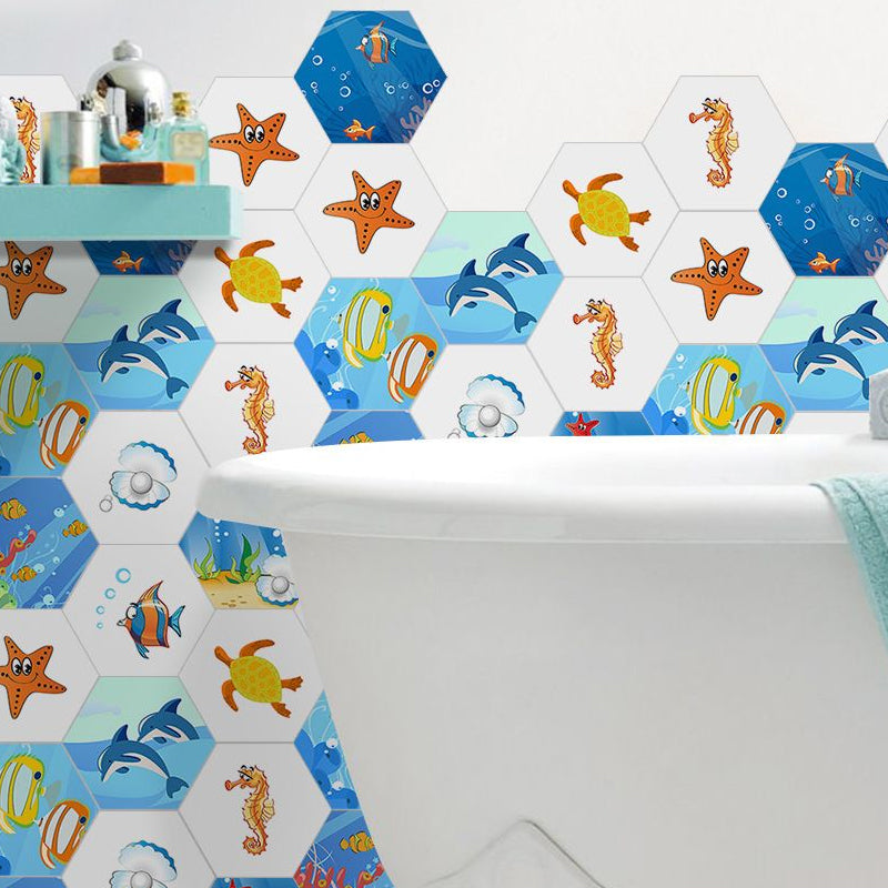 Cartoon Sea Life Wallpaper Panels PVC Blue Self-Adhesive Wall Art for Kids Bedroom
