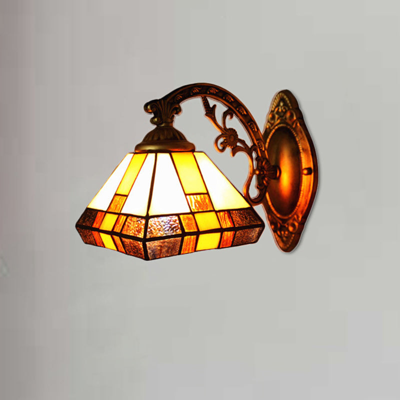 Stained Glass Tapered Wall Lighting 1 Head Mission Style Mini Wall Sconce Light in Antique Brass