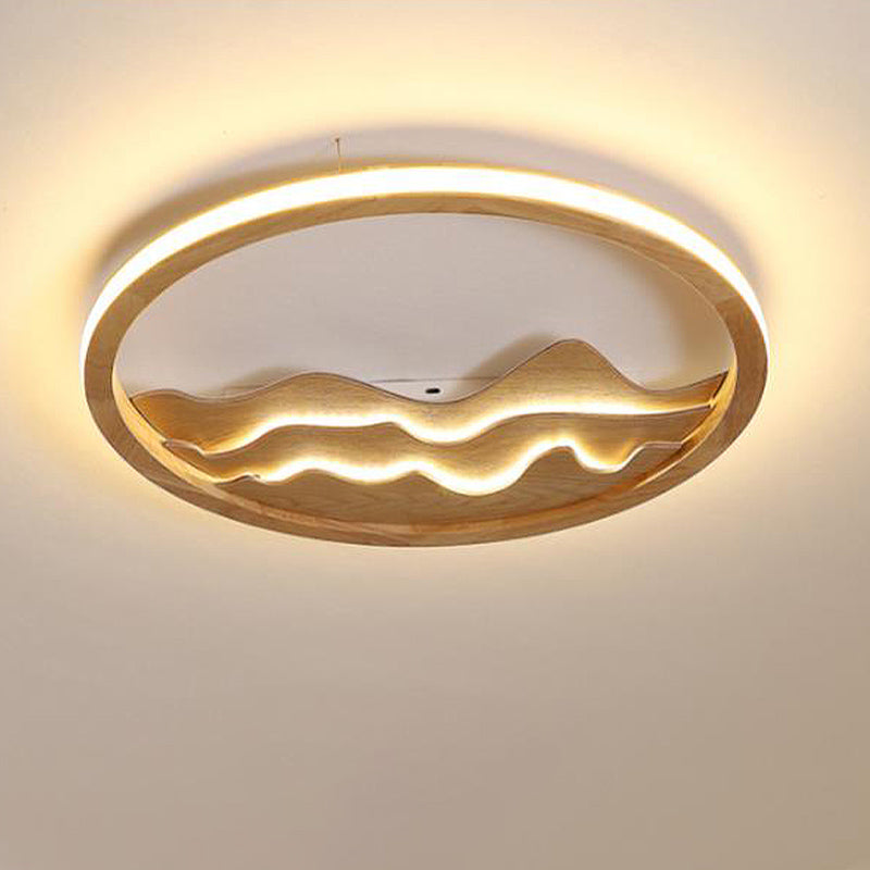 Ring Flush Mount Fixture Modern Wood 13"/15"/21" W LED Beige/White Flush Light for Bedroom, Natural/3 Color/Remote Control Stepless Dimming