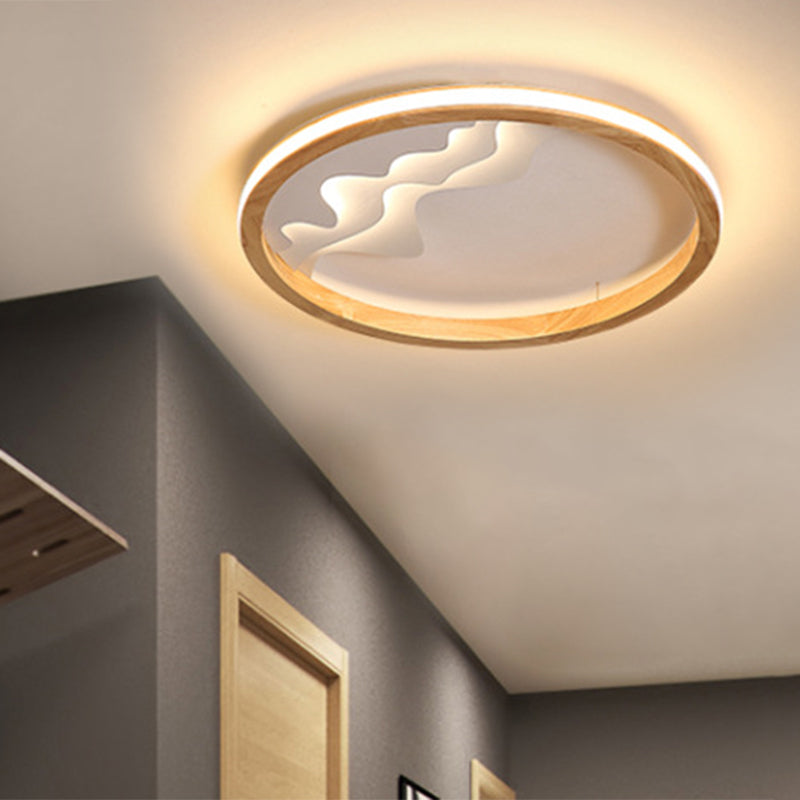 Ring Flush Mount Fixture Modern Wood 13"/15"/21" W LED Beige/White Flush Light for Bedroom, Natural/3 Color/Remote Control Stepless Dimming