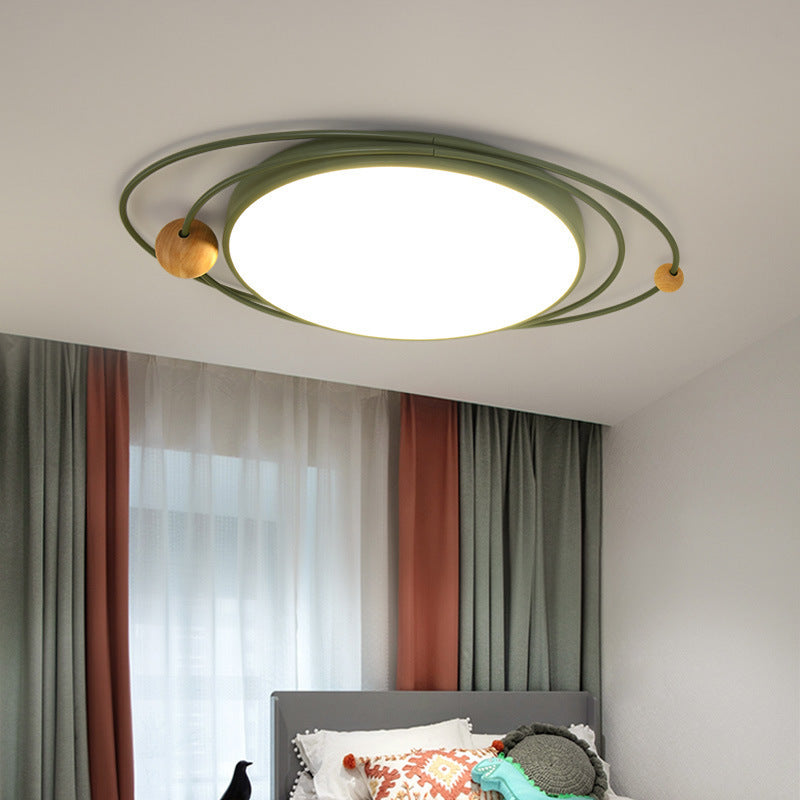Drum Flush Lamp with Orbit Design Nordic Style Metal Led Indoor Flush Ceiling Light in Green/Grey/White, 21"/26"/31" W