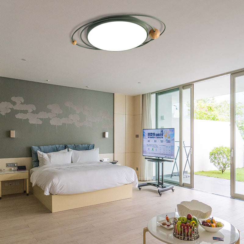Drum Flush Lamp with Orbit Design Nordic Style Metal Led Indoor Flush Ceiling Light in Green/Grey/White, 21"/26"/31" W