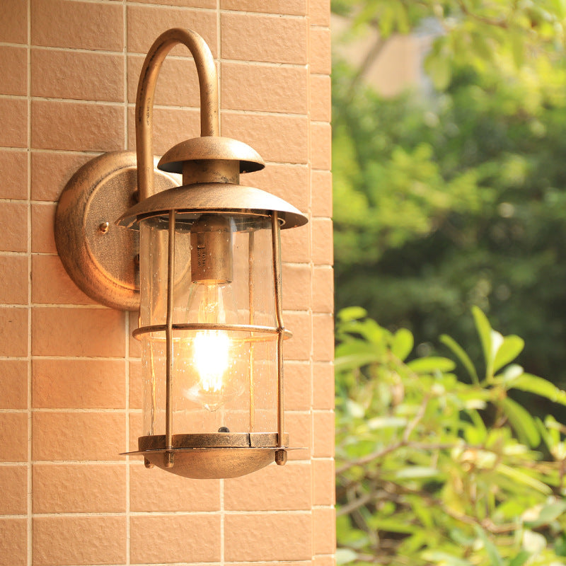 1 Light Wall Lamp Lighting Coastal Cylinder Clear Glass Sconce Light Fixture in Brass with Cage