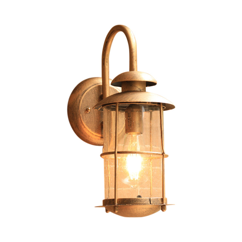 1 Light Wall Lamp Lighting Coastal Cylinder Clear Glass Sconce Light Fixture in Brass with Cage