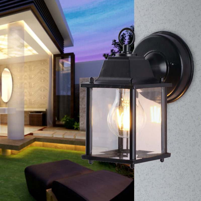 Industrieller Quadratschattenleuchte 1 Glühbirne Klares Glaswandmontage in Schwarz für Outdoor