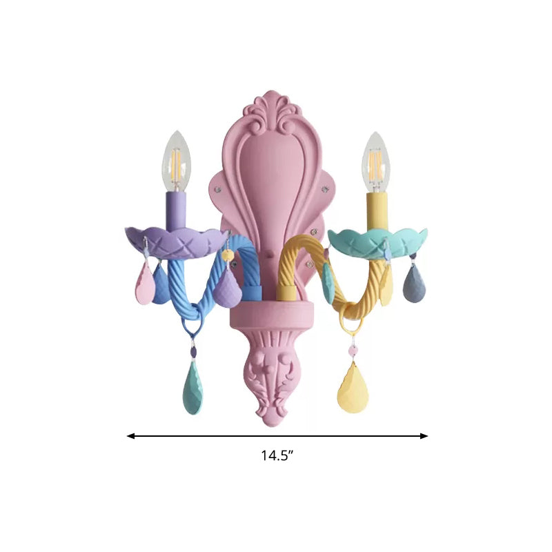 Glass Candle Sconce Light Child Bedroom 2 Lights Kids LED Wall Light with Crystal Deco