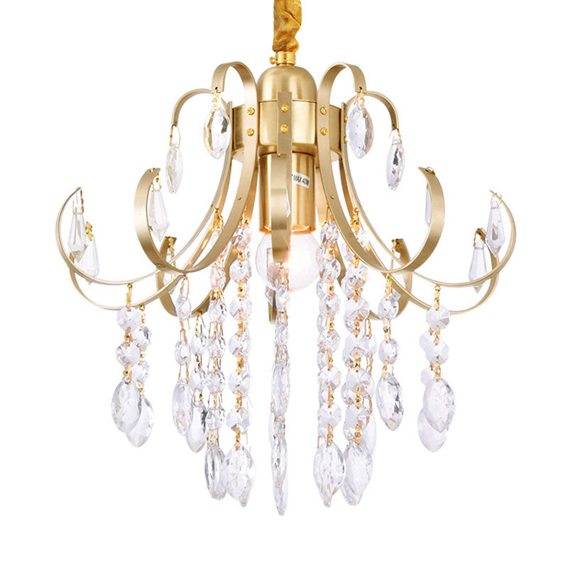 Glam Teardrop Pendant Light Metal Curved Arm Cascading Crystal Strands Chandelier