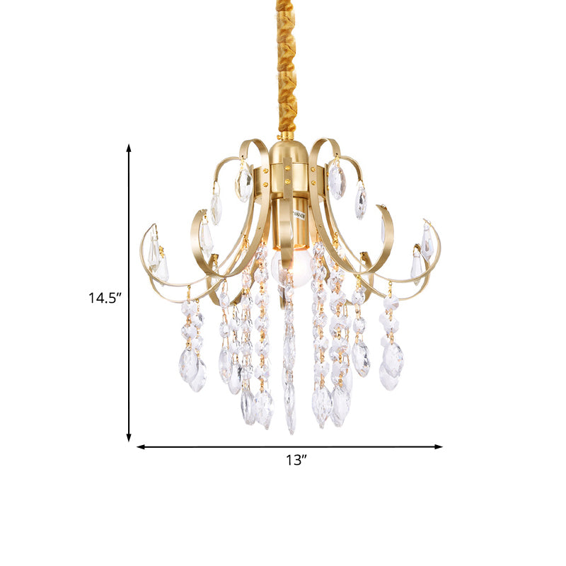 Glam Teardrop Pendant Light Metal Curved Arm Cascading Crystal Strands Chandelier