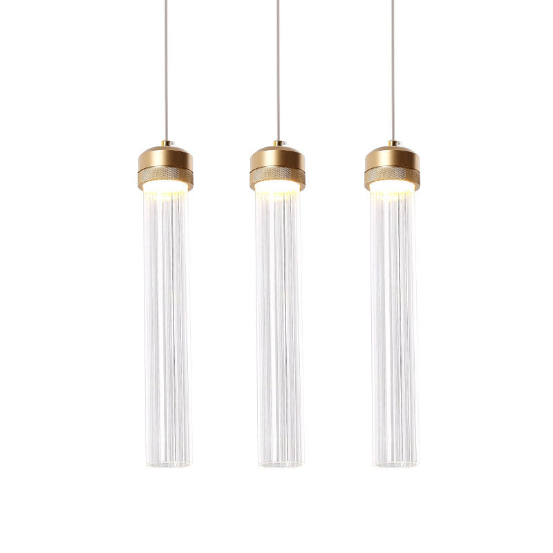 Clear Ribbed Glass Island Pendant Gold Finish Column Crystal Island Light