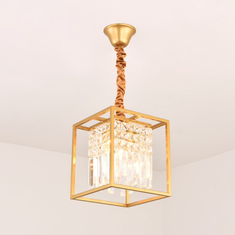Cube Metal Cage Pendant Light Crystal Ceiling Light for Dining Room