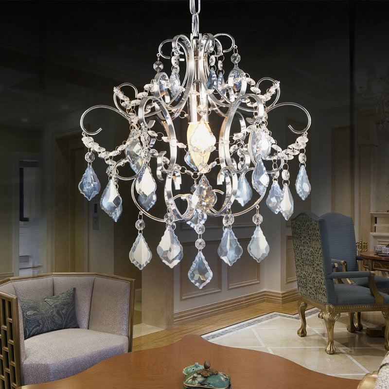 Crystal Drops Chandelier Curved Arm Polish Chrome Finish Chandelier