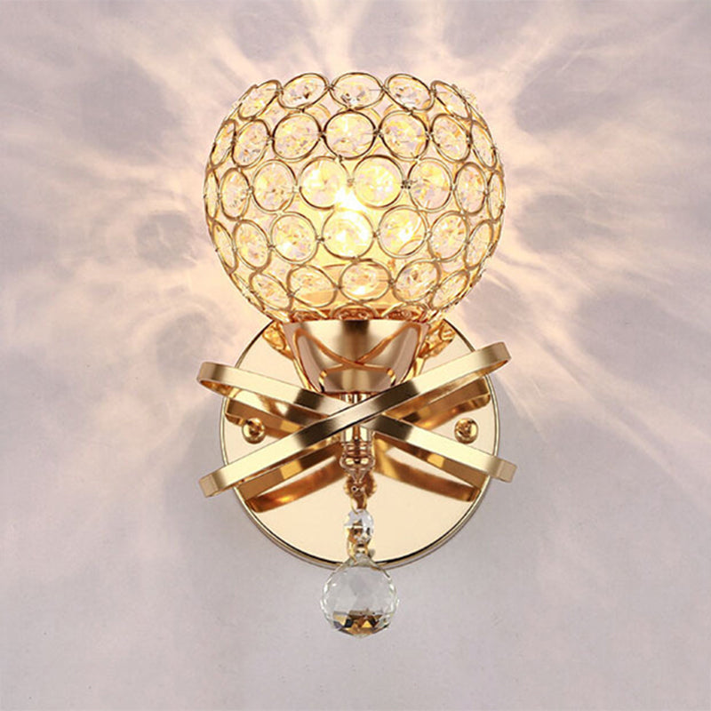 Cross Arm Globe Cutout Metal Shade Wall Light Crystal Wall Sconce in Gold with Dropped Crystal Ball Final