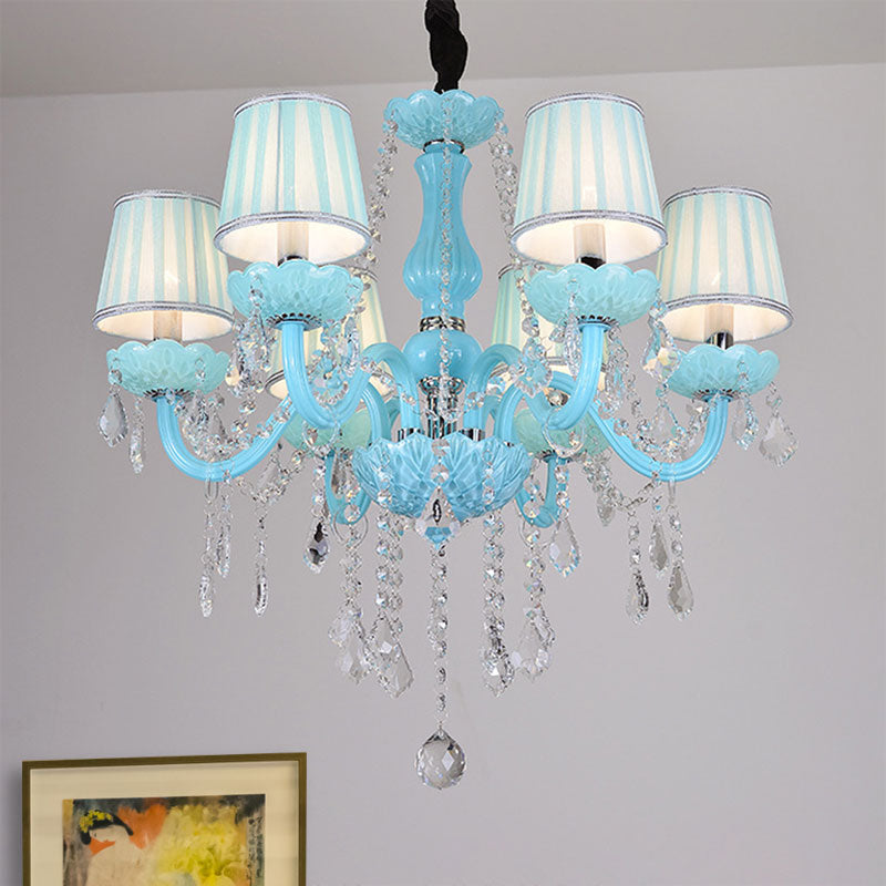 Blue Candle-Style Curved Arm Chandelier Clear Crystal Strands Ceiling Light