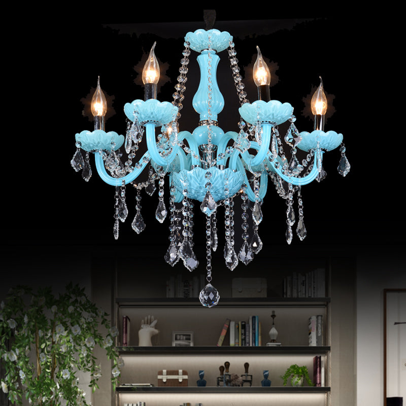Blue Candle-Style Curved Arm Chandelier Clear Crystal Strands Ceiling Light