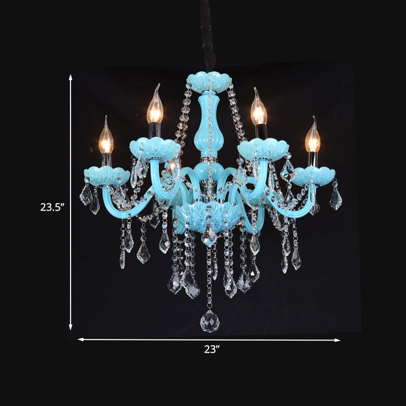 Blue Candle-Style Curved Arm Chandelier Clear Crystal Strands Ceiling Light