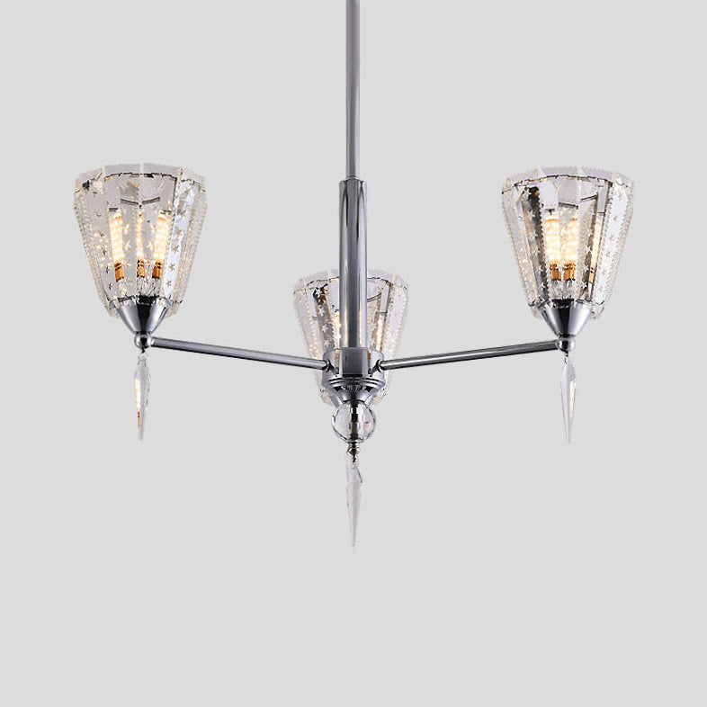 Cone Clear Crystal Shade Chandelier Metal Straight Arm Chandelier in Chrome
