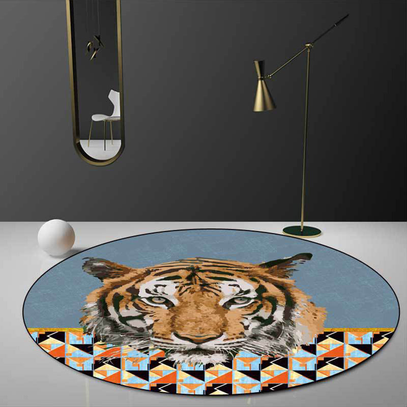 Simple Modern Rug in Brown and Blue Animal Tiger Triangle Pattern Rug Polyester Anti-Slip Backing Carpet for Home Decor