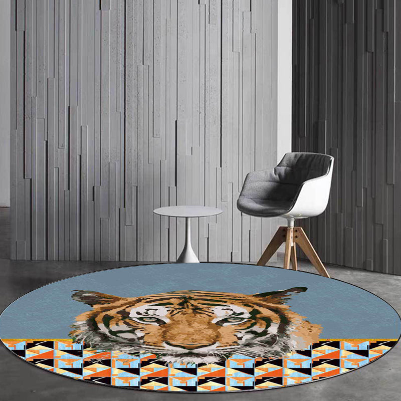 Simple Modern Rug in Brown and Blue Animal Tiger Triangle Pattern Rug Polyester Anti-Slip Backing Carpet for Home Decor
