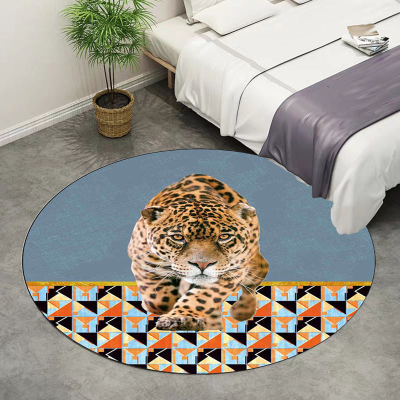 Simple Modern Rug in Brown and Blue Animal Tiger Triangle Pattern Rug Polyester Anti-Slip Backing Carpet for Home Decor