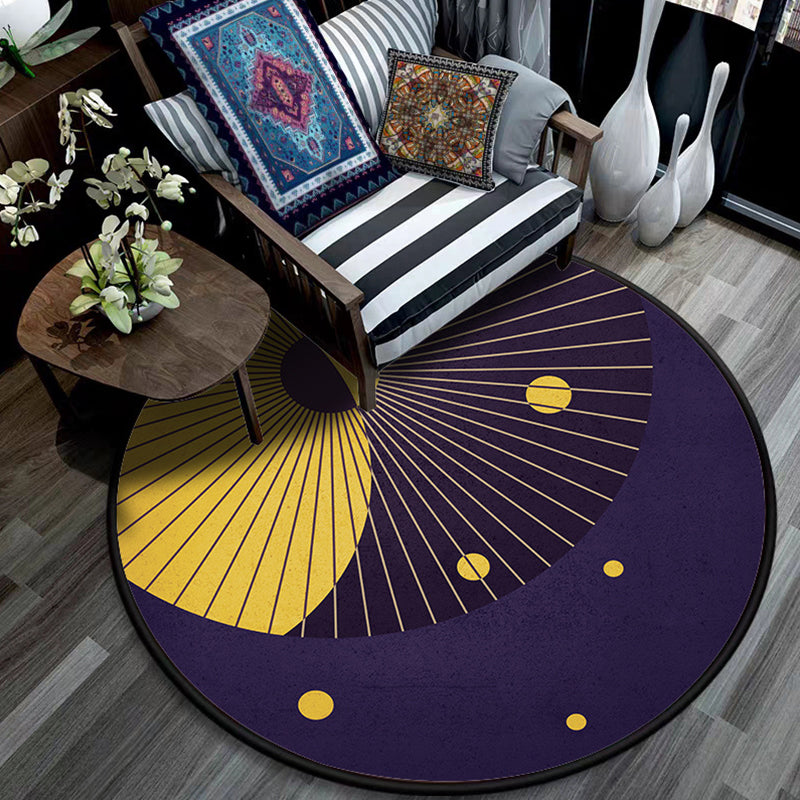 Purple Bedroom Rug Modern Color Block Lines Circle Pattern Area Rug Polyester Pet Friendly Carpet
