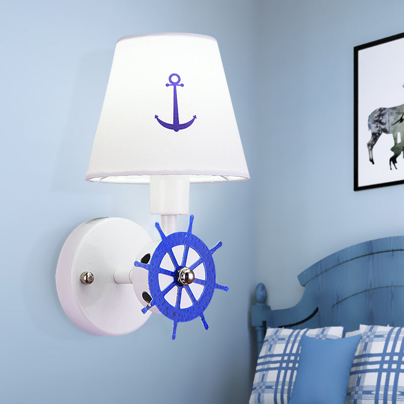 1 Bulb Tapered Shade Wall Light Nautical Fabric Sconce Light in White for Study Room