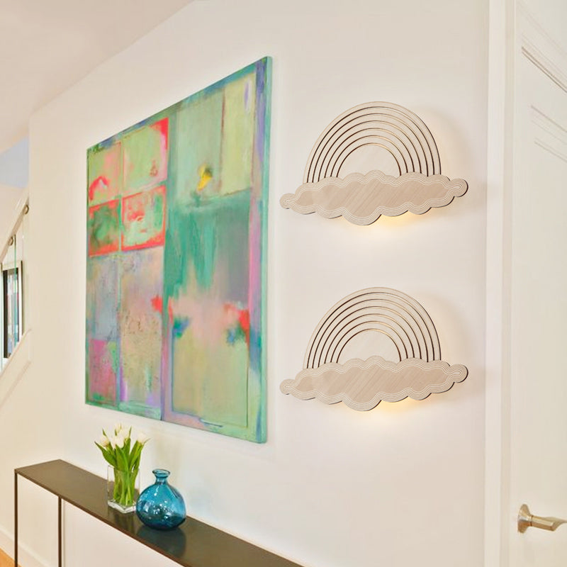 Rainbow & Cloud Led Wall Light Wood Cartoon SCONCE Licht in Beige voor kleuterschoolslaapkamer