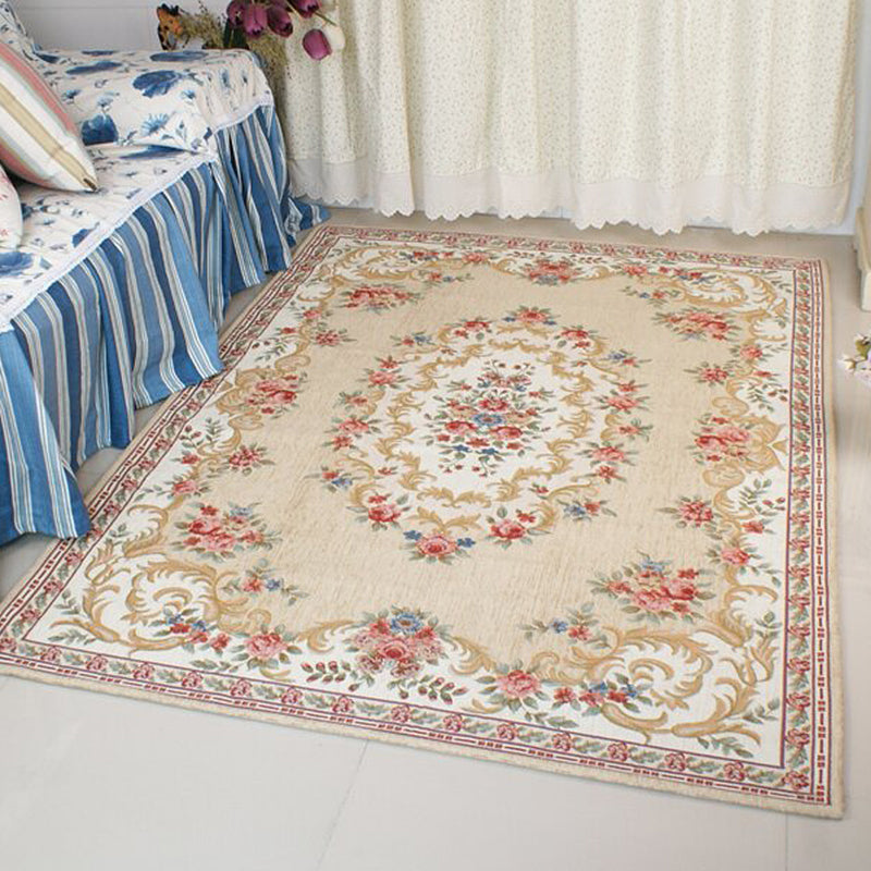 Alfombra de dormitorio vintage beige y flor de flores azules alfombra poliéster poliéster máquina de respaldo antideslizante alfombra de área lavable