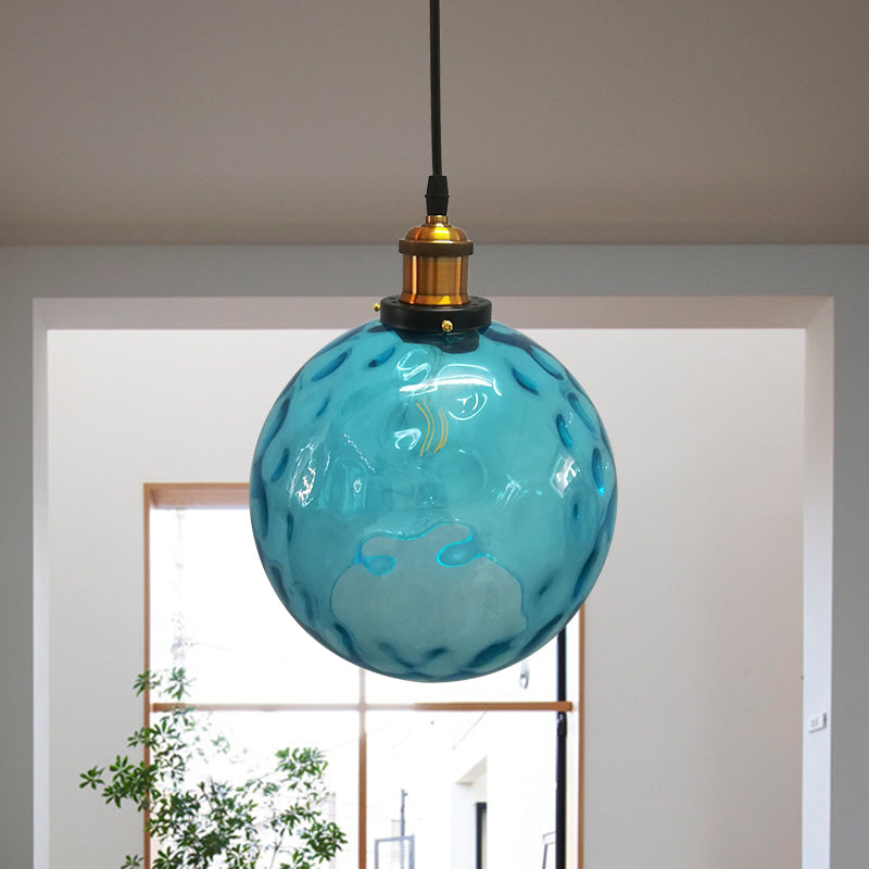 Globe colgante de luz industrial 1 luz de 8 "/10"/12 "lámpara colgante de vidrio con hoyuelos de ancho en azul