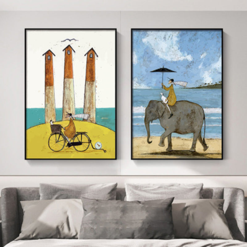 Kids Illustration Sightseeing Canvas Print Soft Color Textured Wall Art, Set of 2