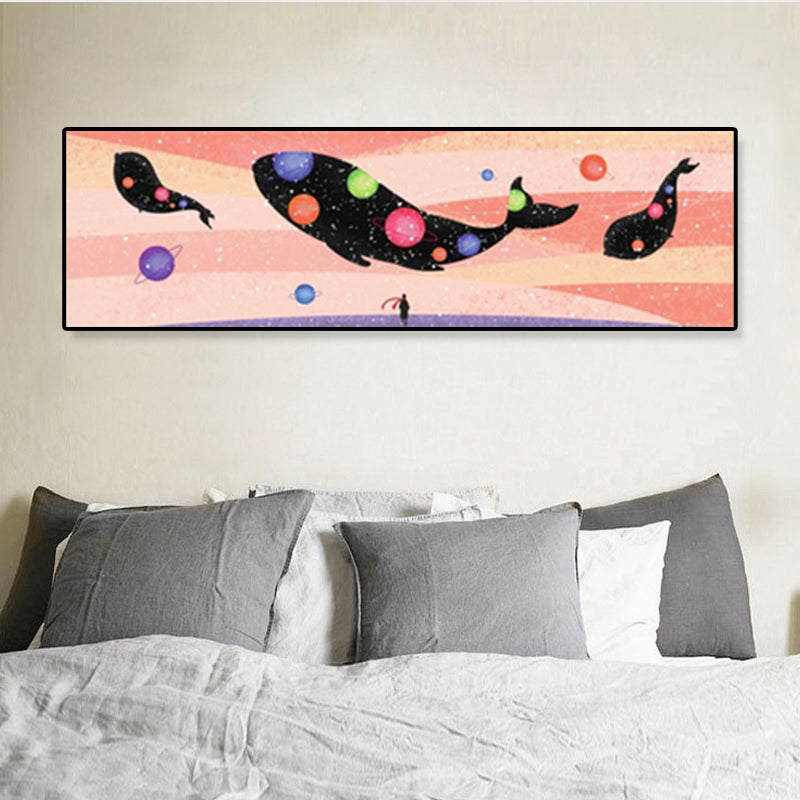 Fantasy Flying Whale Canvas Cartoon Textured Wall Art Print in Soft Color for Kids Room