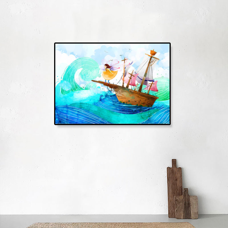Kids Drawing Sailing Ship Canvas Wall Art Blue Adventure Wall Decor for Girls Room