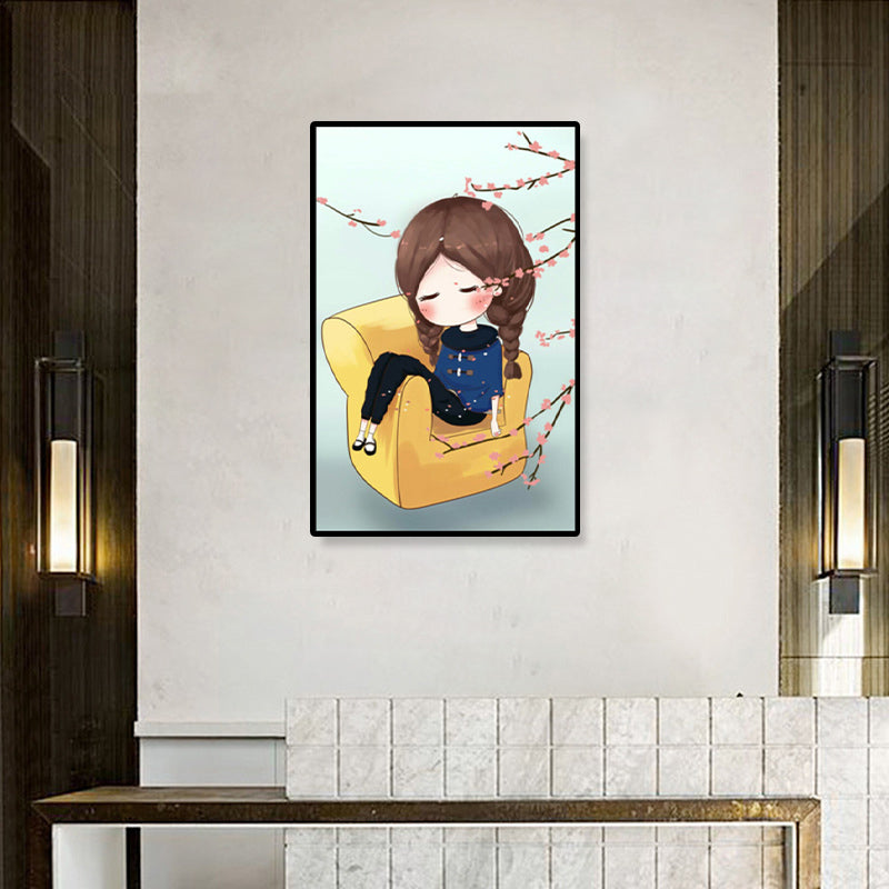 Cartoon Young Girl Art Print Soft Color Figure Drawing Canvas for Bedroom, Multiple Sizes