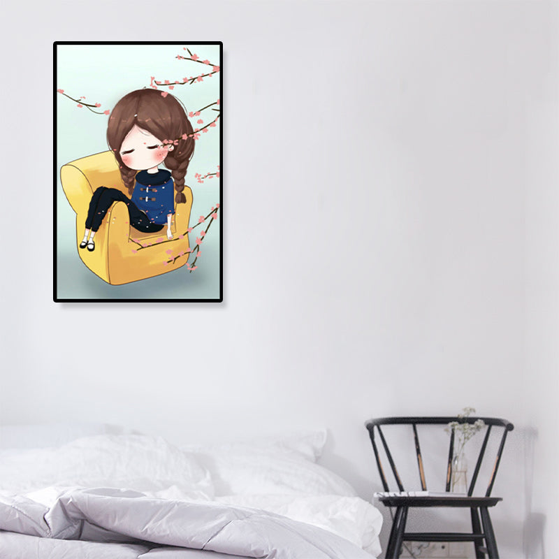 Cartoon Young Girl Art Print Soft Color Figure Drawing Canvas for Bedroom, Multiple Sizes