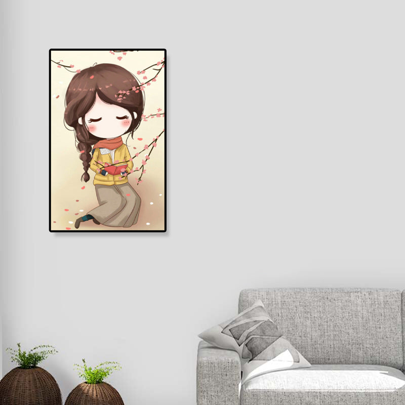 Cartoon Young Girl Art Print Soft Color Figure Drawing Canvas for Bedroom, Multiple Sizes