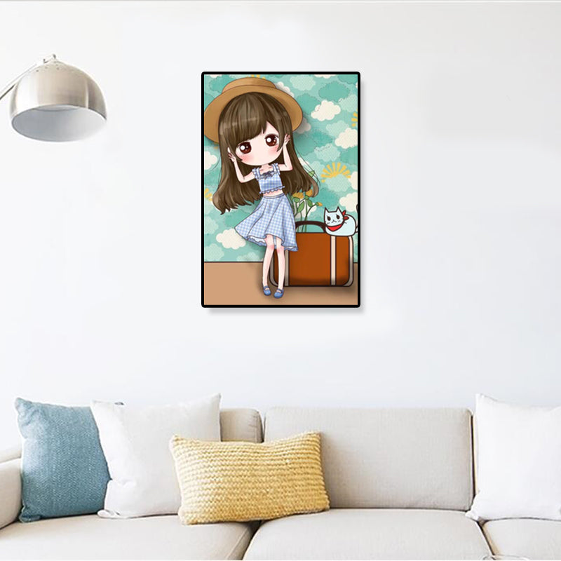 Cartoon Young Girl Art Print Soft Color Figure Drawing Canvas for Bedroom, Multiple Sizes