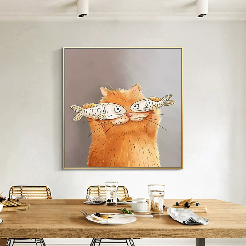 Kawaii Chubby Cat Canvas Art for Dining Room, Dark Color, Multiple Sizes Available