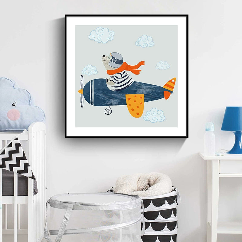 Soft Cartoon Canvas Illustration Animal Doing Workout Wall Art Print for Nursery