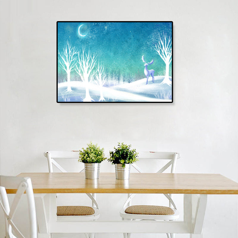 Soft Color Kids Wall Art Illustration Deer in the Late Night Forest Canvas Print for Bedroom