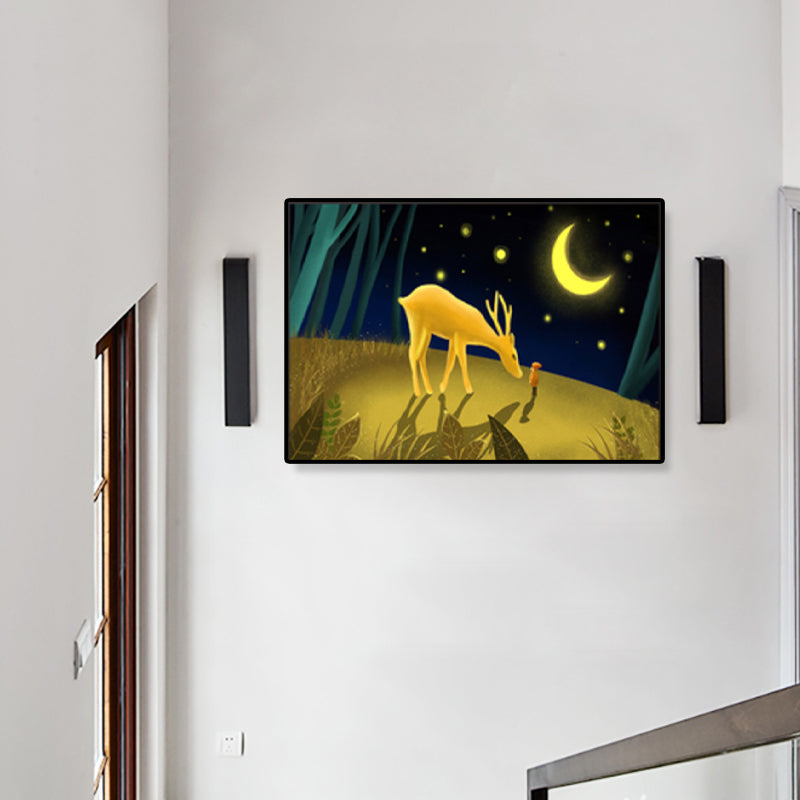 Soft Color Kids Wall Art Illustration Deer in the Late Night Forest Canvas Print for Bedroom