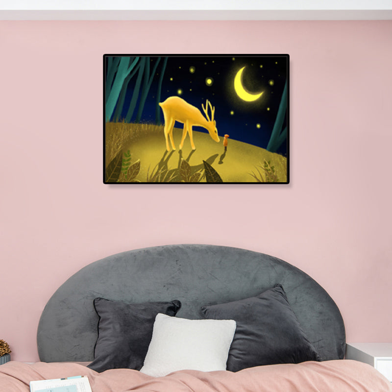 Soft Color Kids Wall Art Illustration Deer in the Late Night Forest Canvas Print for Bedroom