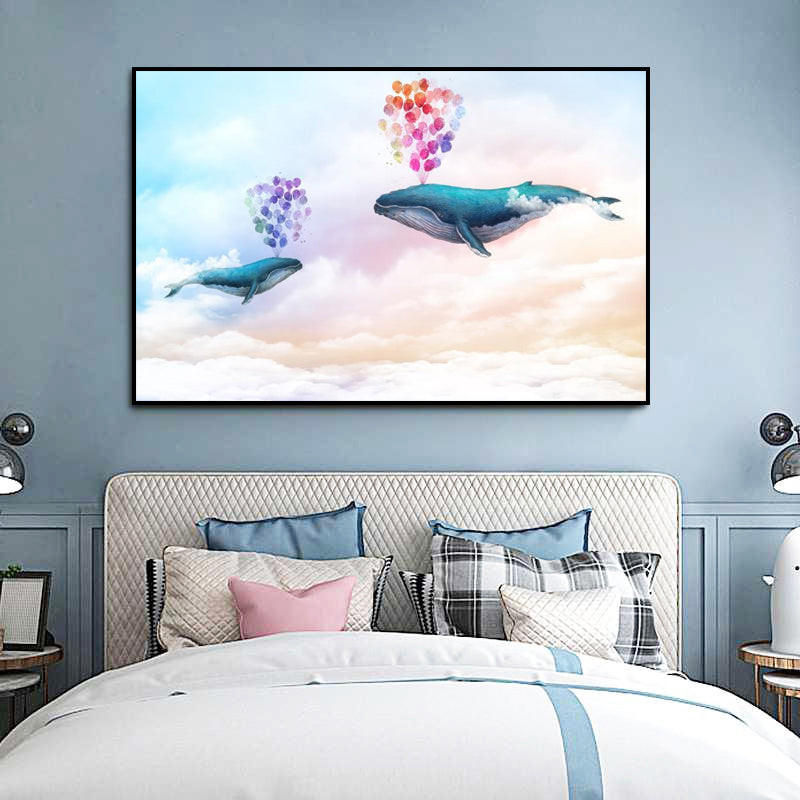 Dreamlike Flying Whales Canvas Art Childrens Bedroom Animal Wall Decor in Soft Color