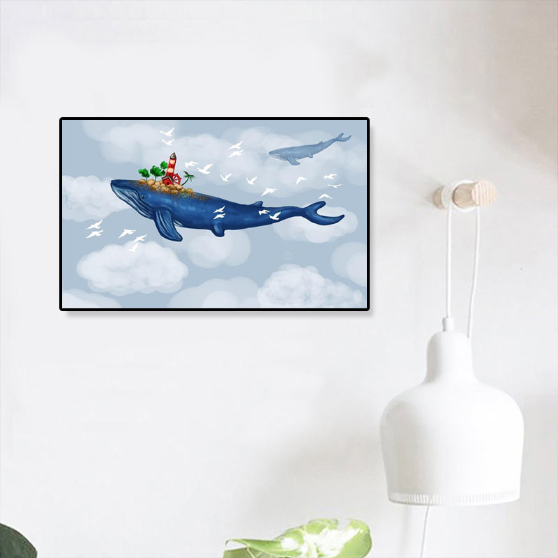 Dreamlike Flying Whales Canvas Art Childrens Bedroom Animal Wall Decor in Soft Color