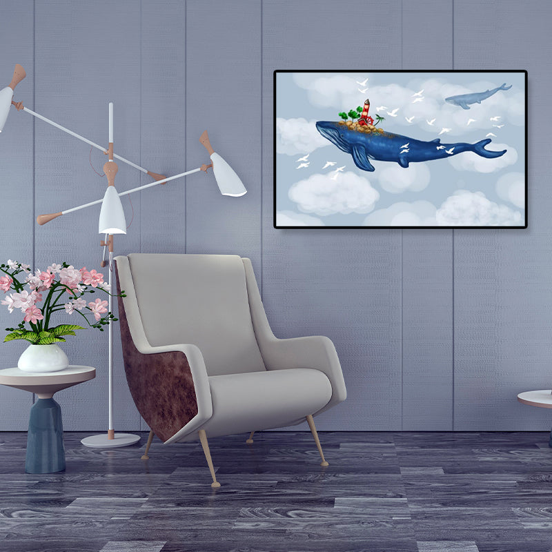 Dreamlike Flying Whales Canvas Art Childrens Bedroom Animal Wall Decor in Soft Color