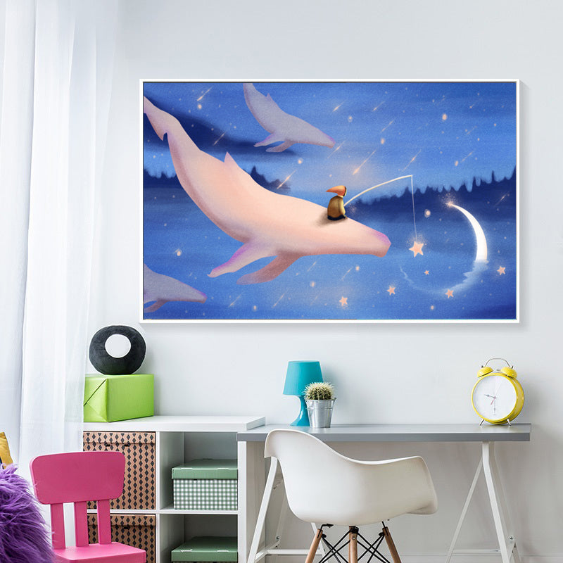 Dreamlike Flying Whales Canvas Art Childrens Bedroom Animal Wall Decor in Soft Color