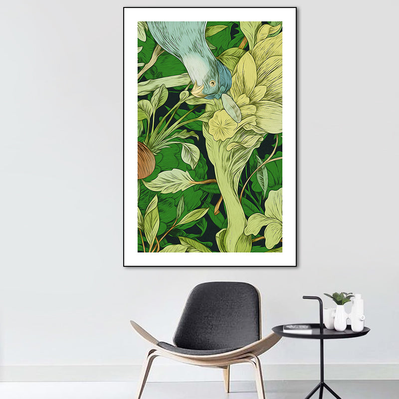 Green Childrens Art Wall Decor Illustration Bird and Flower Canvas Print for Dining Room