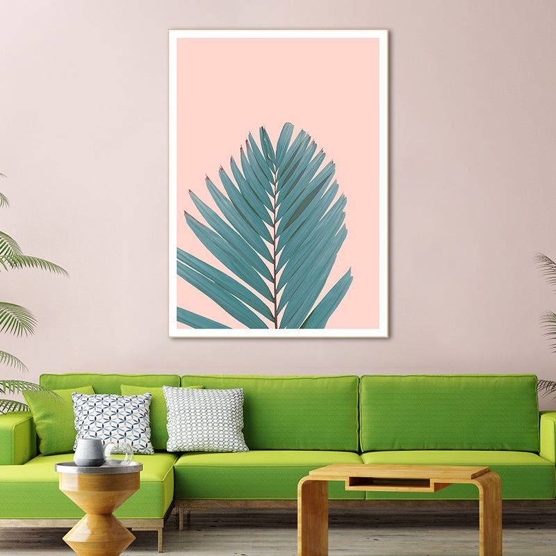 Nordic Fan Leaf Plant Art Print Green and Pink Textured Wall Decor for Living Room