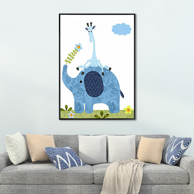 Elephant Canvas Wall Art Cartoon Cute Animal Pattern Wall Decor in Blue for Nursery