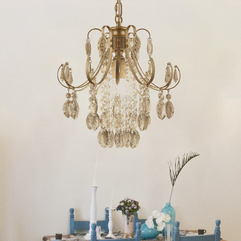 Gebogen arm suspensie verlichting eenvoud kristallen streng 1 kop zwart/gouden afwerking hangend plafondlicht
