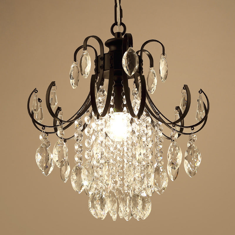 Gebogen arm suspensie verlichting eenvoud kristallen streng 1 kop zwart/gouden afwerking hangend plafondlicht